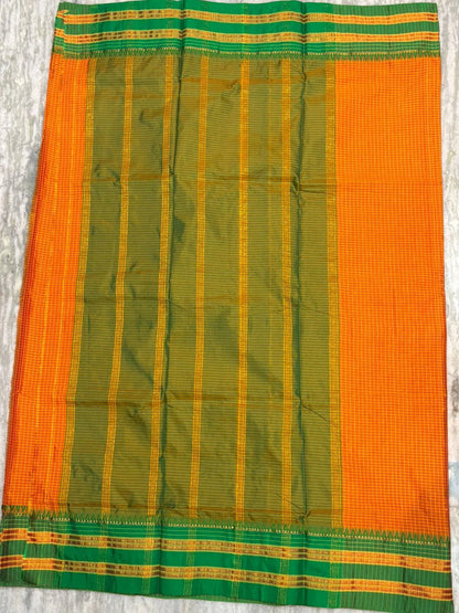 Pure Gadwal Silk Saree in Vibrant Orange with Contrast Green Zari Border &amp; Checkered Pattern - pochampallysarees.com