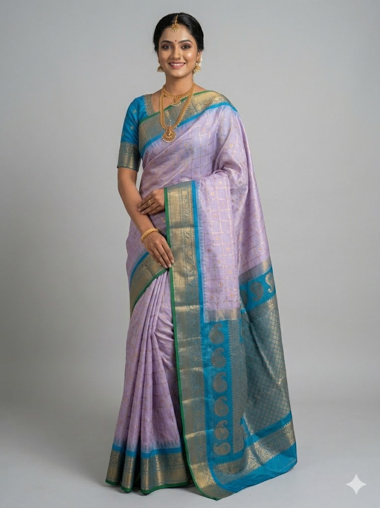 Pure Gadwal Silk Lavender &amp; Teal Blue Saree