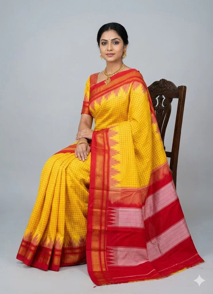 Authentic Gadwal Silk Saree Yellow Checks - Red Kuttu Border &amp; Striped Pallu for Weddings - pochampallysarees.com