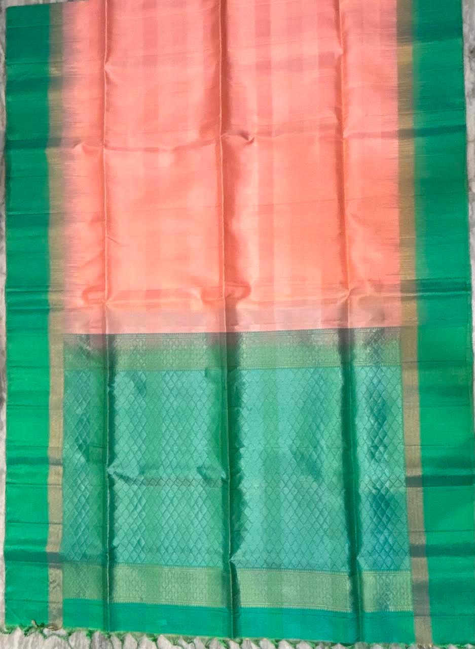 Elegant Peach &amp; Teal Green Kanchi Soft Silk Saree with zari Border