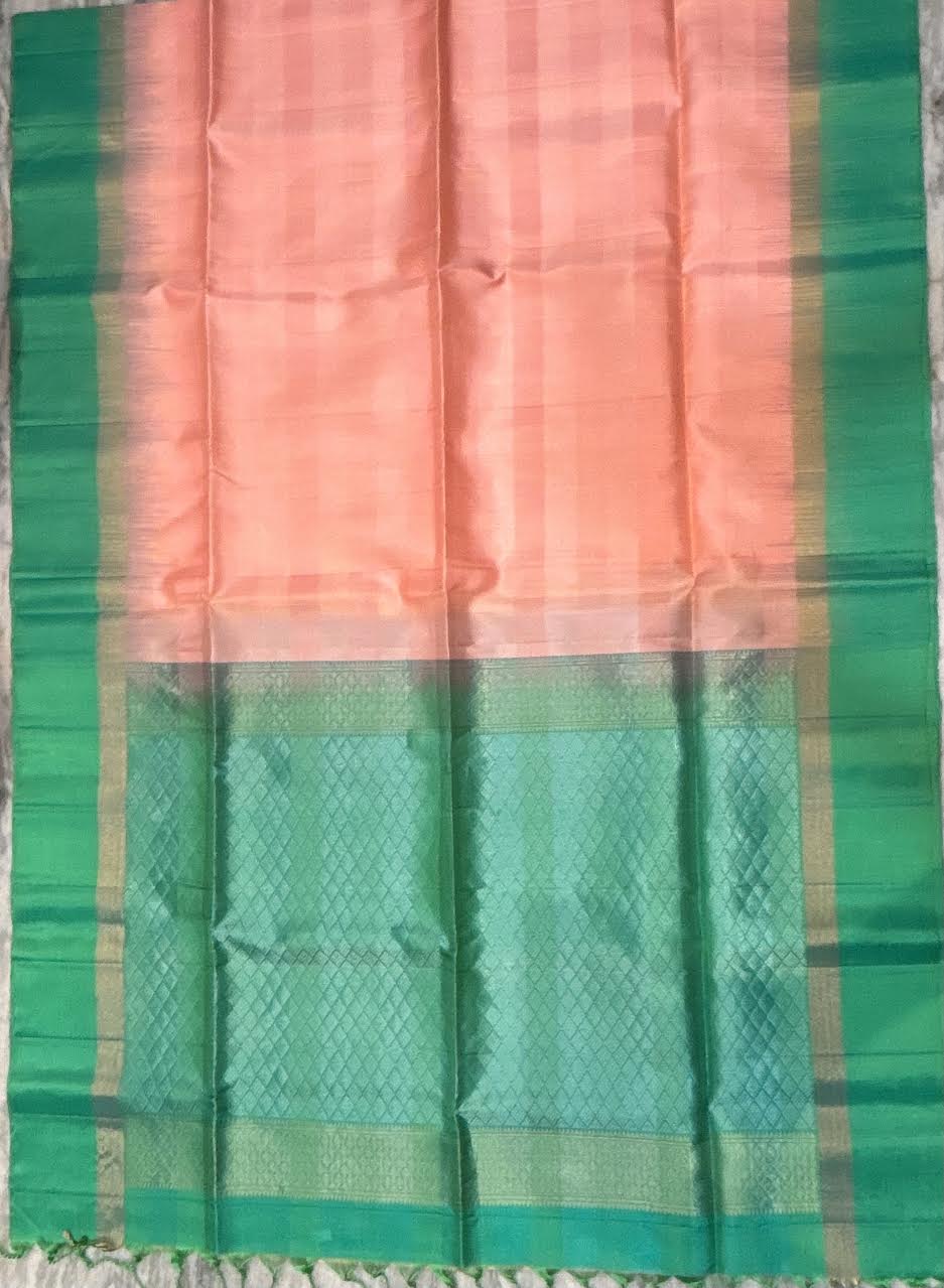 Elegant Peach &amp; Teal Green Kanchi Soft Silk Saree with zari Border