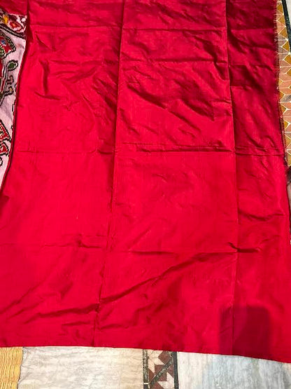 Handcrafted Ikkat Patola Silk Masterpiece Saree with Kalamkari Motif Body &amp; Traditional Pallu