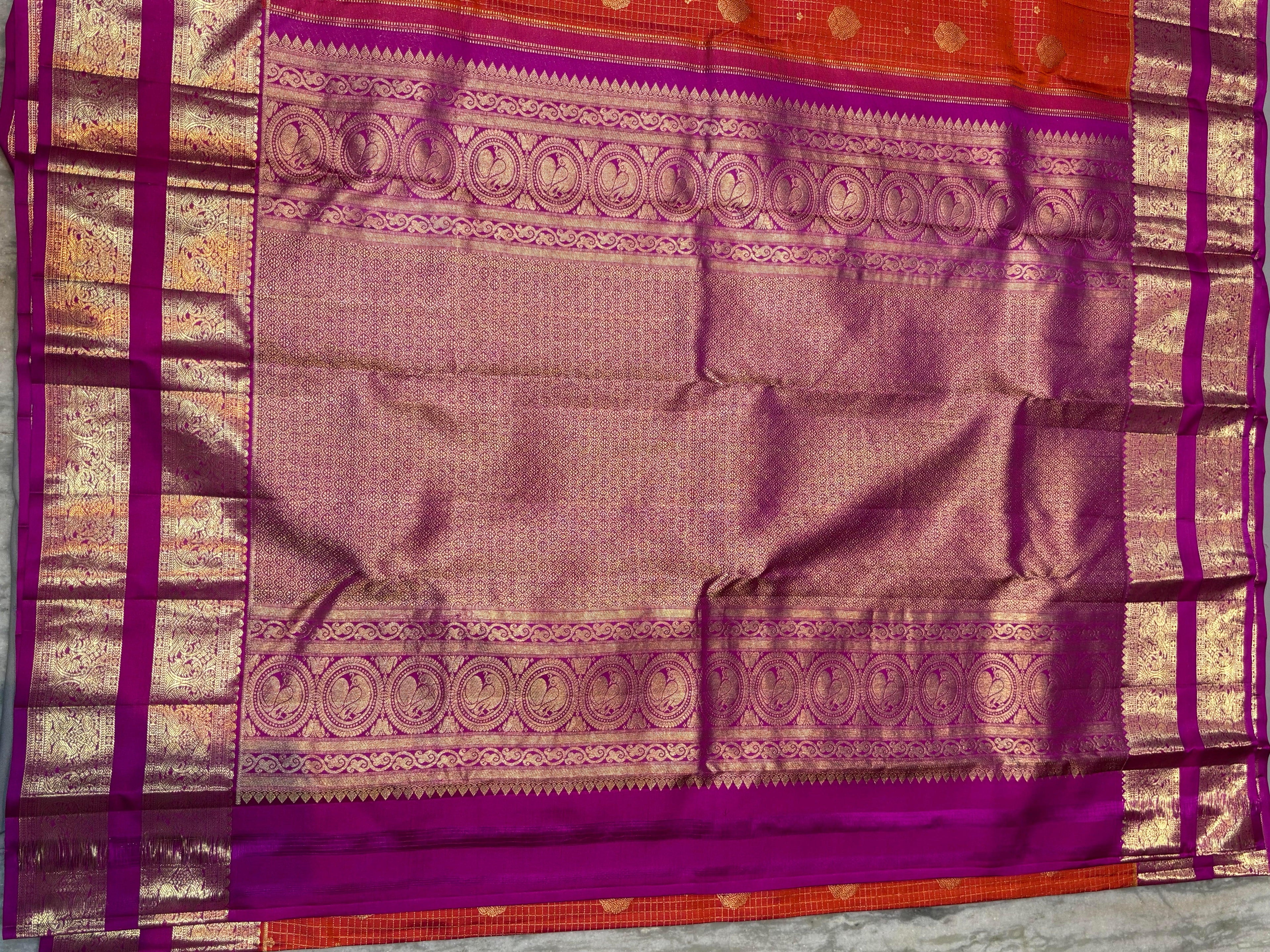 Vibrant Orange Pure Kanchi Pattu Saree with Magenta Gold Zari Border | Traditional Wedding Silk - pochampallysarees.com