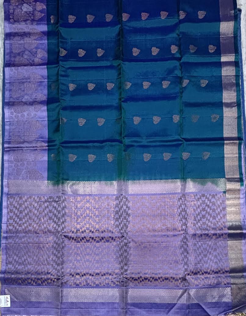 Kanchi Soft Silk Saree in Teal Blue and Lavender