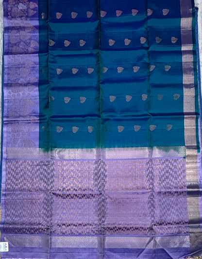Kanchi Soft Silk Saree in Teal Blue and Lavender