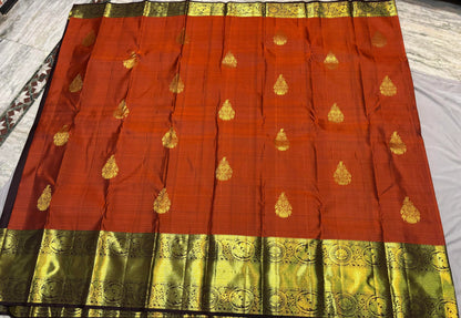Pure Kanchipuram Silk Saree in Rust Orange with Contrast Brown Zari Border | Silk Mark Certified - pochampallysarees.com