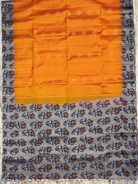 Bright Orange Silk Saree with Floral Printed Pallu &amp; Matching Blouse