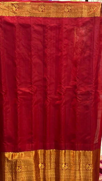 Authentic Pure Gadwal Silk Saree in Light Blue with Contrast Red Temple Border - pochampallysarees.com