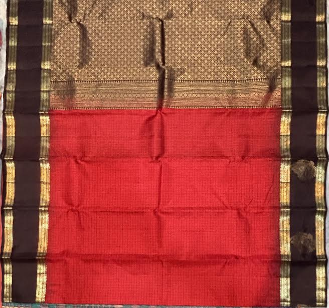 Crimson Red &amp; Dark Chocolate Brown Pure Kanchi Silk Saree with Gold Zari Pallu