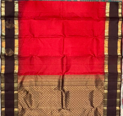 Crimson Red &amp; Dark Chocolate Brown Pure Kanchi Silk Saree with Gold Zari Pallu