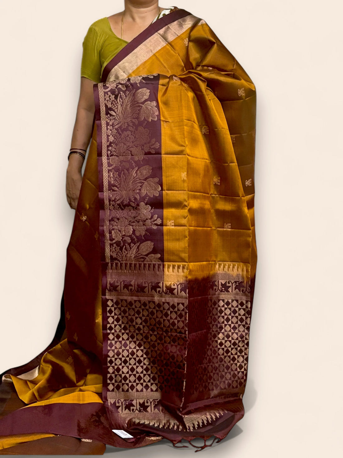 Gold Chocolate Light Voilet Color Designer Kanchi Pure Soft Silk Saree - pochampallysarees.com