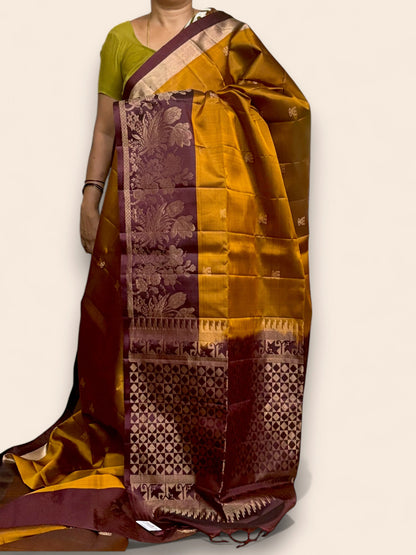 Gold Chocolate Light Voilet Color Designer Kanchi Pure Soft Silk Saree - pochampallysarees.com
