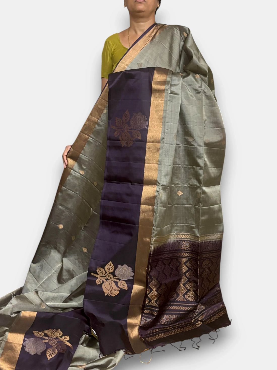 Gray Chocolate Color Designer Kanchi Pure Soft Silk Saree - pochampallysarees.com