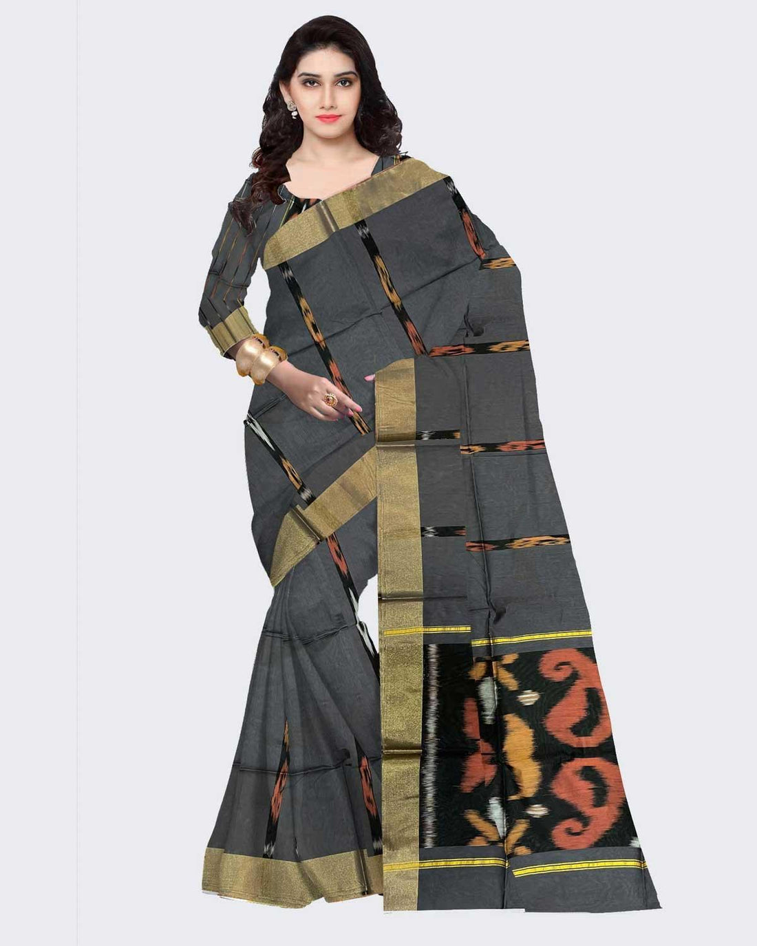 GRAY COLOR IKKAT SICO SAREE-14 - pochampallysarees.com