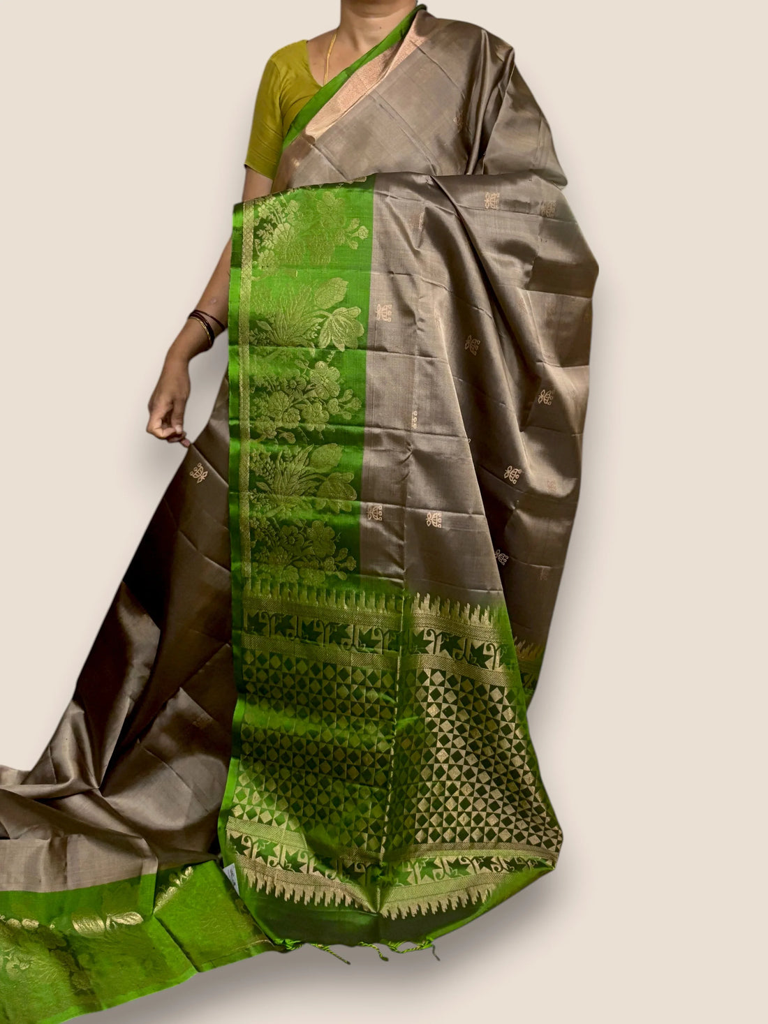 Gray Green Color Designer Kanchi Pure Soft Silk Saree - pochampallysarees.com