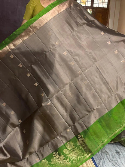 Gray Green Color Designer Kanchi Pure Soft Silk Saree - pochampallysarees.com