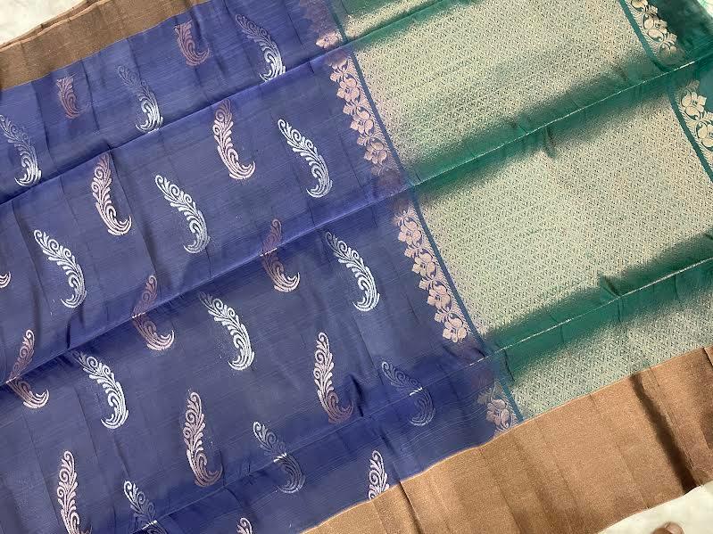 Gray Blue Soft Silk Sari - pochampaallysarees.com