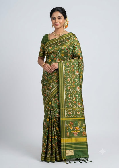 Traditional green handwoven Ikkat real Patola silk saree with floral and swan motifs