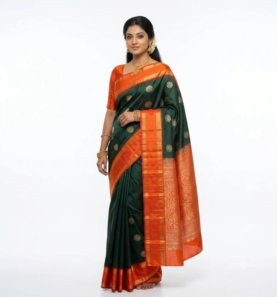 Model wearing authentic green and orange pure Kanchi silk saree with gold zari border from pochampallysarees.com