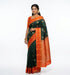 Model wearing authentic green and orange pure Kanchi silk saree with gold zari border from pochampallysarees.com