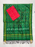 Emerald green and red Pochampally Ikat silk unstitched dress material set featuring handwoven geometric patterns, traditional elephant motifs on the border, and black and yellow tassel
