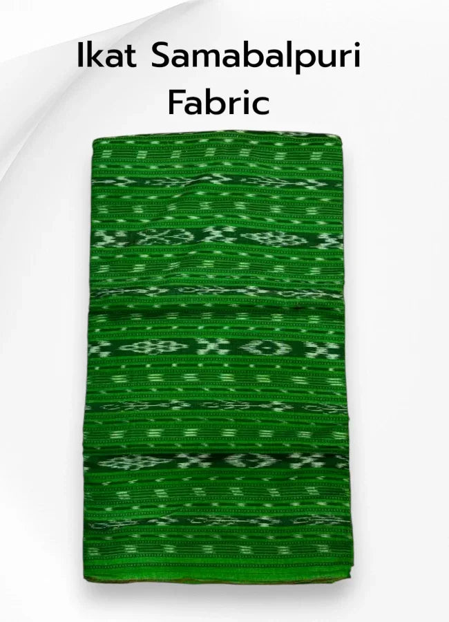 Folded vibrant green pure cotton Sambalpuri fabric featuring traditional woven geometric Ikat motifs.