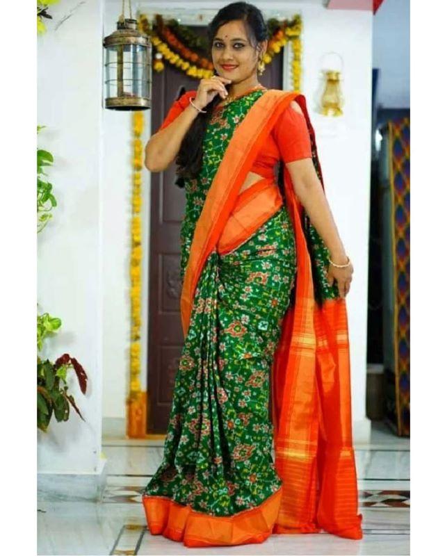 Pochampally-Ikkat-Green-Orange-Sari-Pochampallysarees.com
