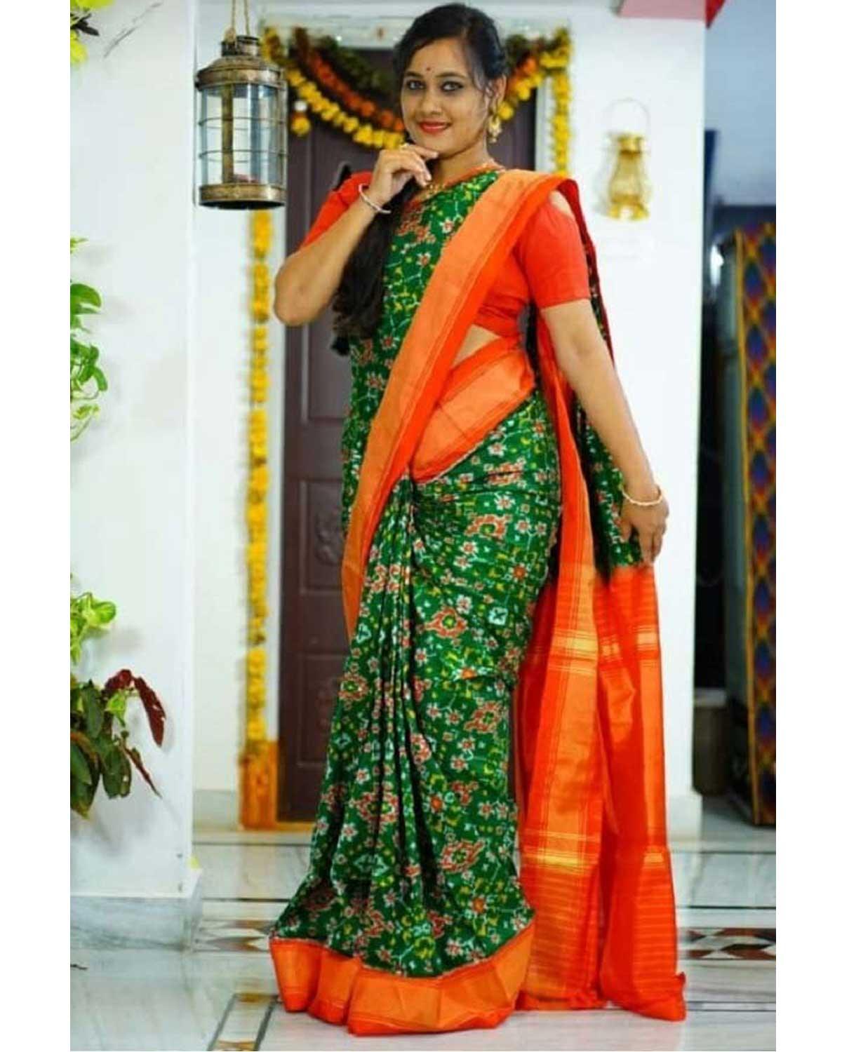 Pochampally-Ikkat-Green-Orange-Sari-Pochampallysarees.com