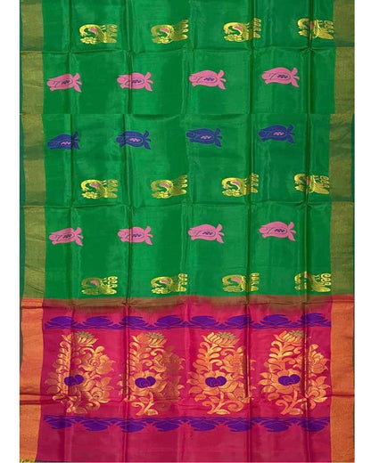 GREEN WITH RED COLOR SOFT SILK SAREE - pochampallysarees.com