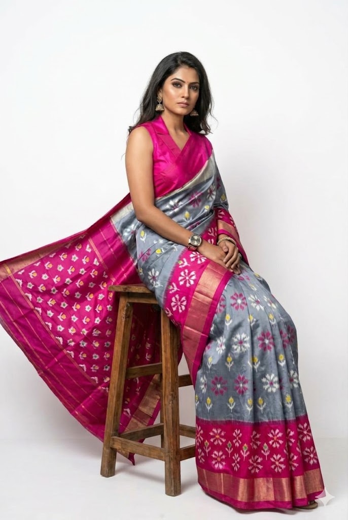 A model sitting on a wooden stool wearing an elegant grey Ikat silk saree with pink floral motifs, a bright pink gold-zari border, and a matching sleeveless collared blouse.