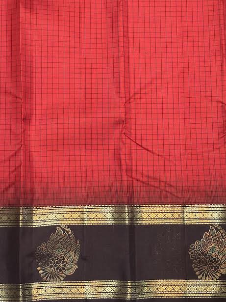 Crimson Red &amp; Dark Chocolate Brown Pure Kanchi Silk Saree with Gold Zari Pallu