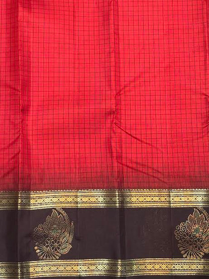 Crimson Red &amp; Dark Chocolate Brown Pure Kanchi Silk Saree with Gold Zari Pallu