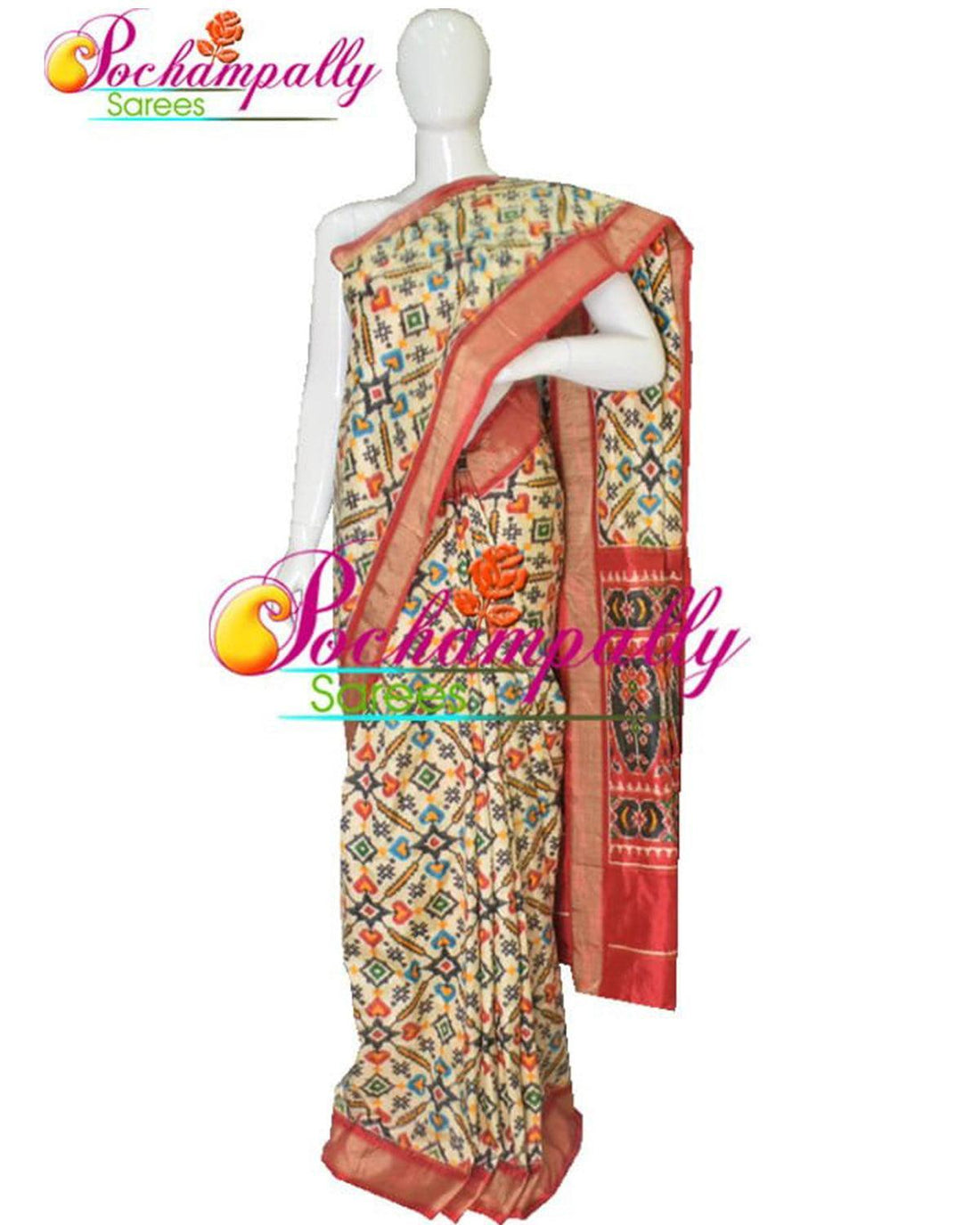 HAND WOVEN POCHAMPALLY DOUBLE IKKAT PANPATOLA CREAM COLOR SILK SAREE - pochampallysarees.com