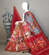 Handloom Pochampally Ikkat silk saree showcasing a multicolored grid pattern with traditional bird and elephant motifs on a red base featuring a Kalash border.