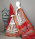 Handloom Pochampally Ikkat silk saree featuring an off-white body with traditional elephant motifs, a rich crimson red border, and a golden zari pattu edge.