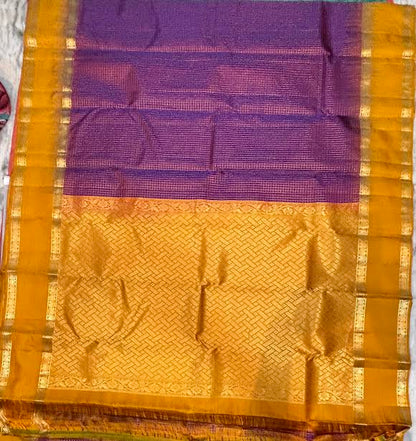 Handloom Kanchipuram Pure Silk Saree with Purple With Yellow
