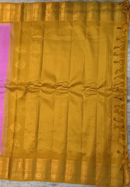 Handwoven Gadwal Silk Saree in Vibrant Pink with Rich Mustard Yellow Pallu
