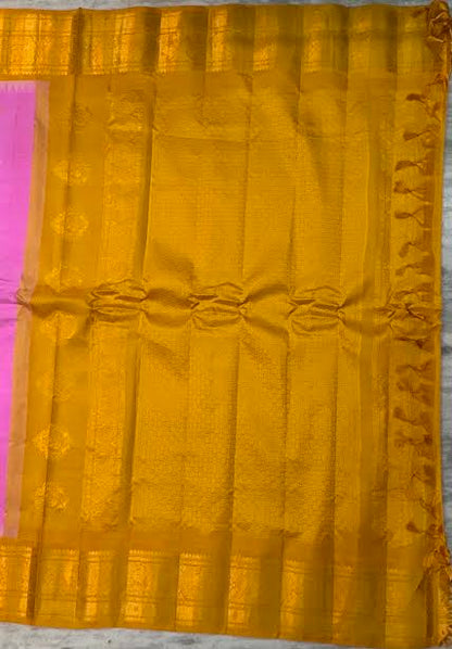 Handwoven Gadwal Silk Saree in Vibrant Pink with Rich Mustard Yellow Pallu