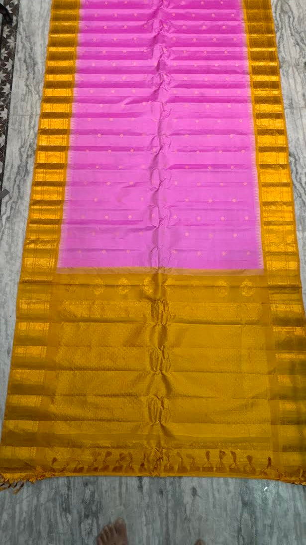 Handwoven Gadwal Silk Saree in Vibrant Pink with Rich Mustard Yellow Pallu