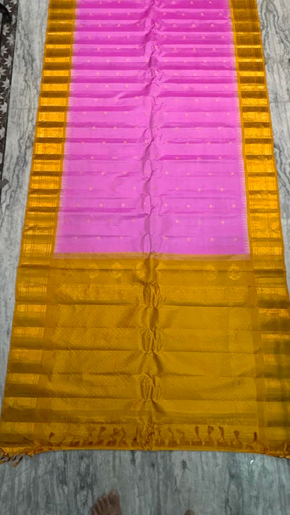 Handwoven Gadwal Silk Saree in Vibrant Pink with Rich Mustard Yellow Pallu
