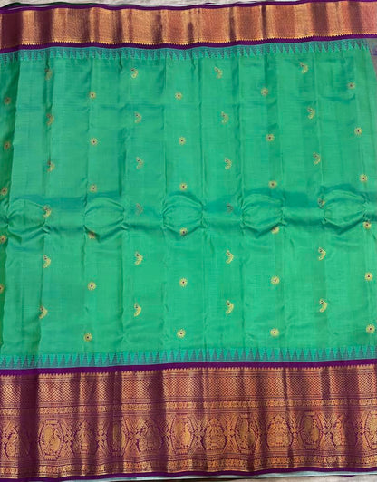 Pure Gadwal Silk Saree in Rama Green and Lavender with Pure Zari Border - pochampallysarees.com