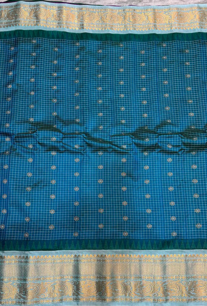 Gadwal Silk Sarees: Classic Royal Blue &amp; Sea Green Checkered Handloom Classics - pochampallysarees.com