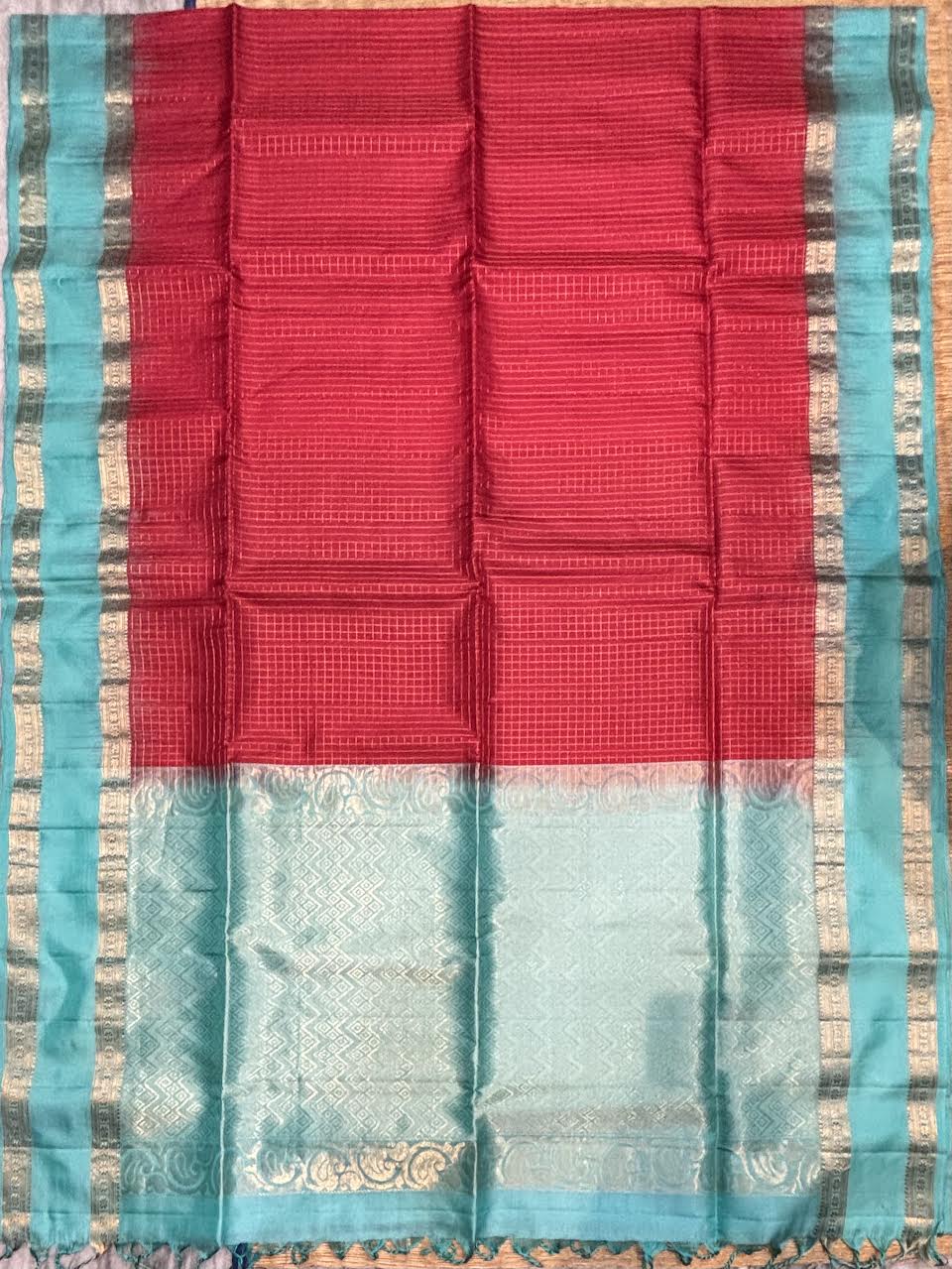 Red and Teal Blue Kanchi Soft Silk Checks Saree with Silver Zari Border