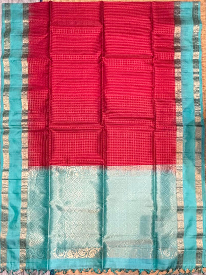 Red and Teal Blue Kanchi Soft Silk Checks Saree with Silver Zari Border
