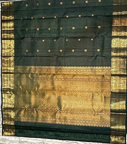 Dark Green Checkered Pure Kanchipuram Pattu Saree with Price Rich Gold Zari | Bridal Silk - pochampallysarees.com