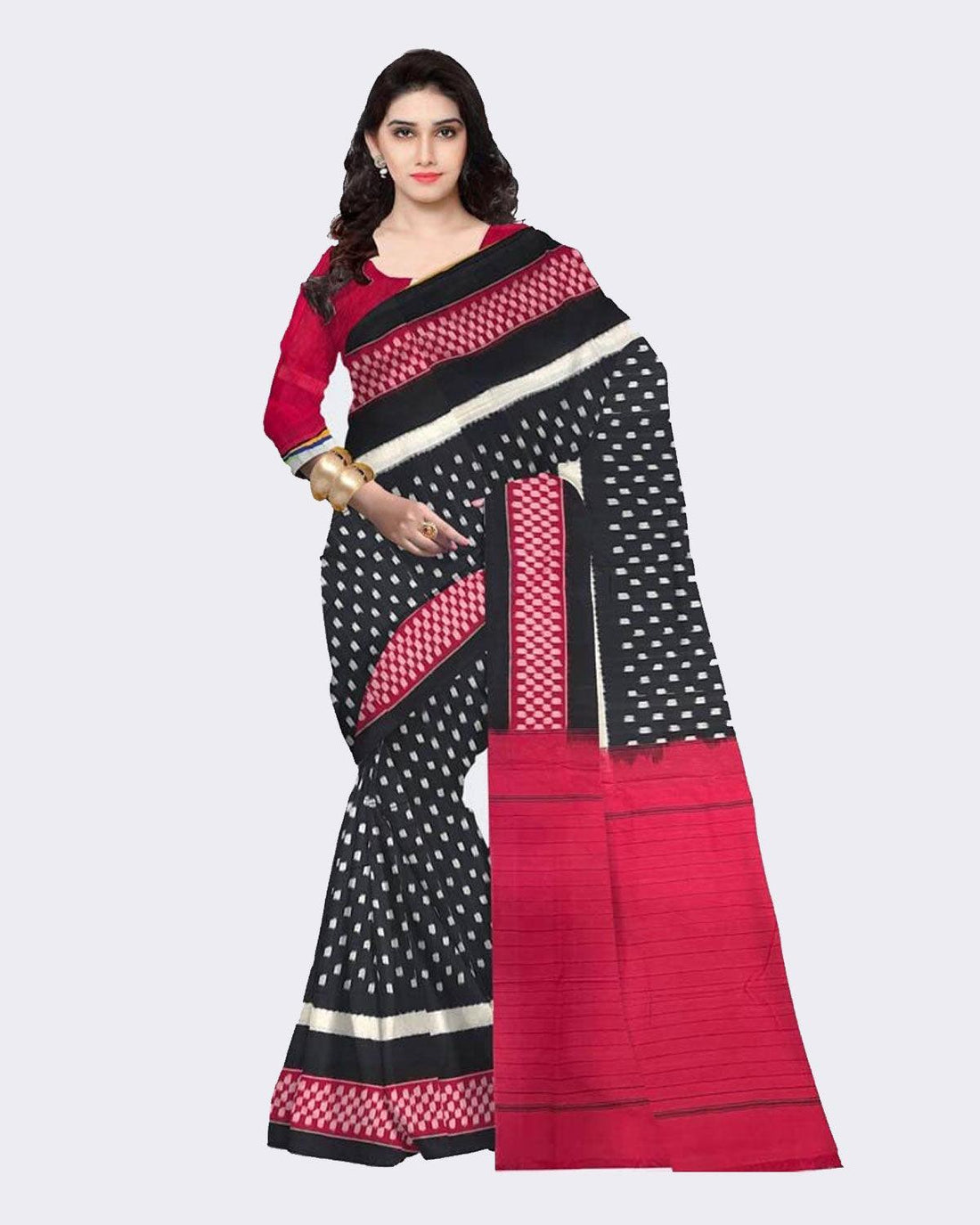 IKAT COTTON BLACK WITH RED COLOR SAREE - pochampallysarees.com