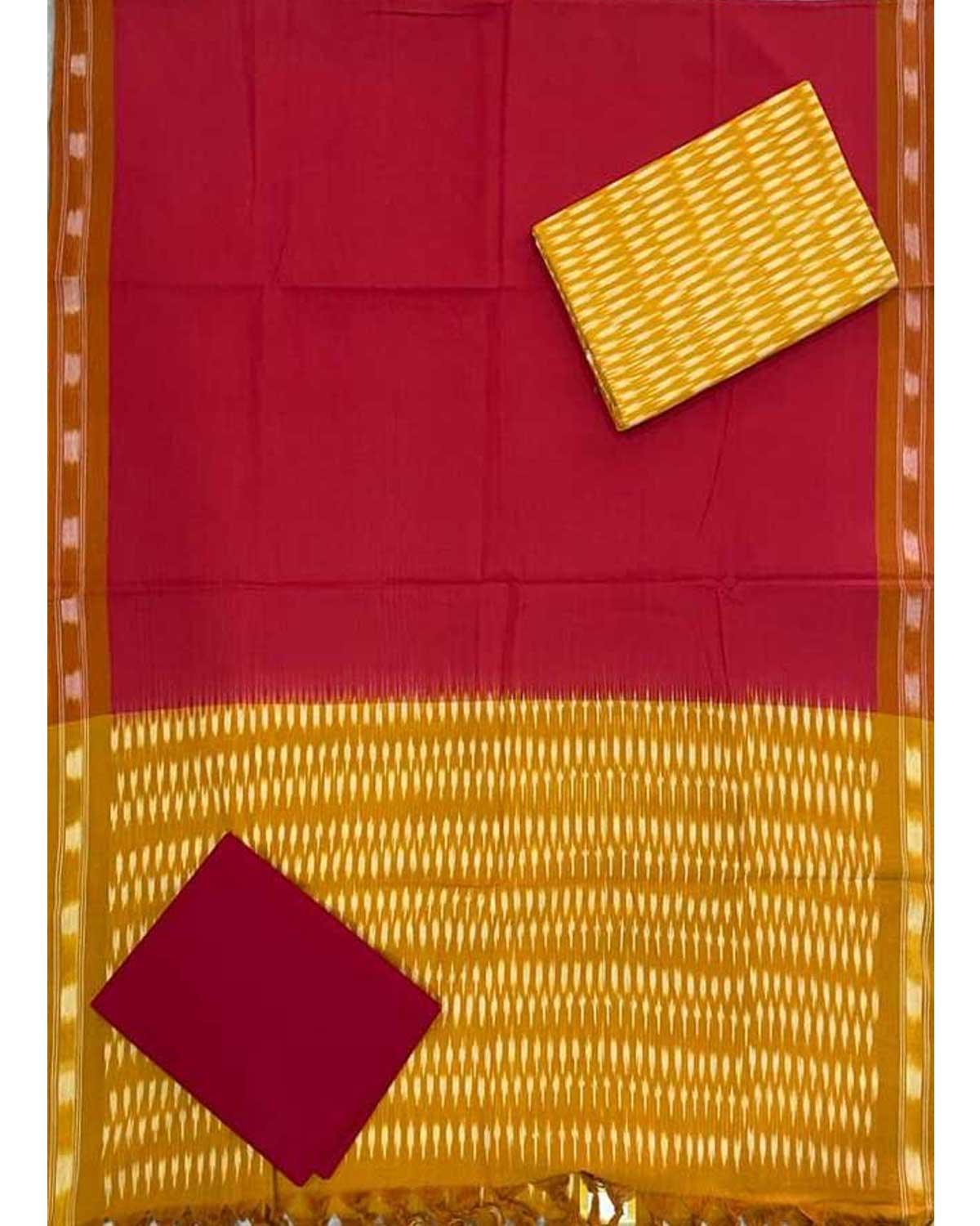 IKAT COTTON RED WITH YELLOW COLOR DRESS MATERIAL-E82 - pochampallysarees.com