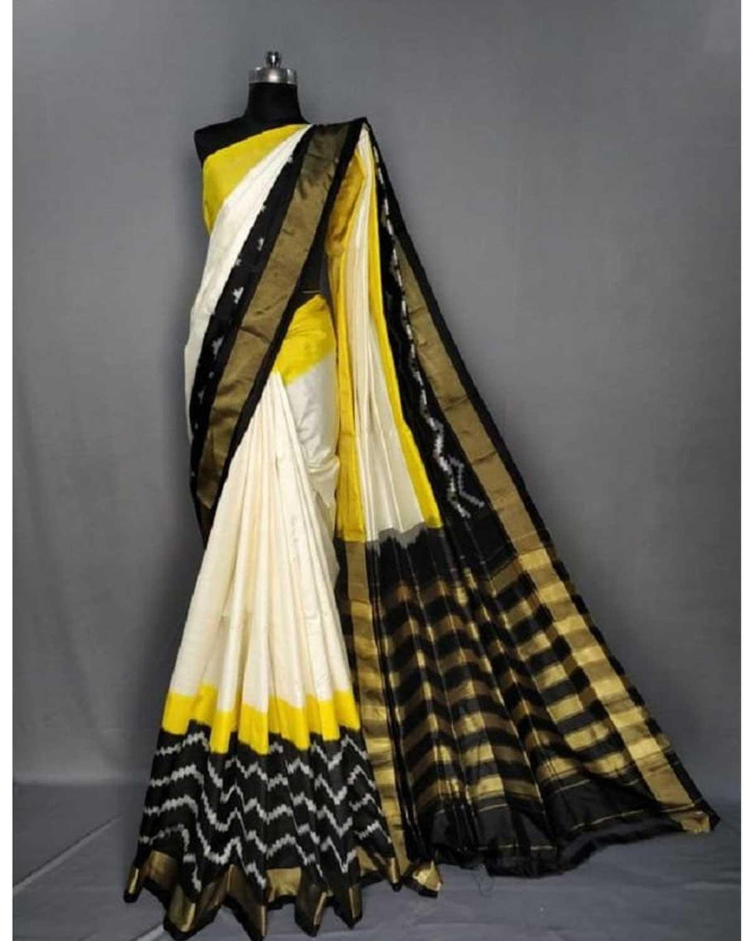 IKAT CREAM WITH BLACK COLOR DESIGNER SILK SAREE - pochampallysarees.com