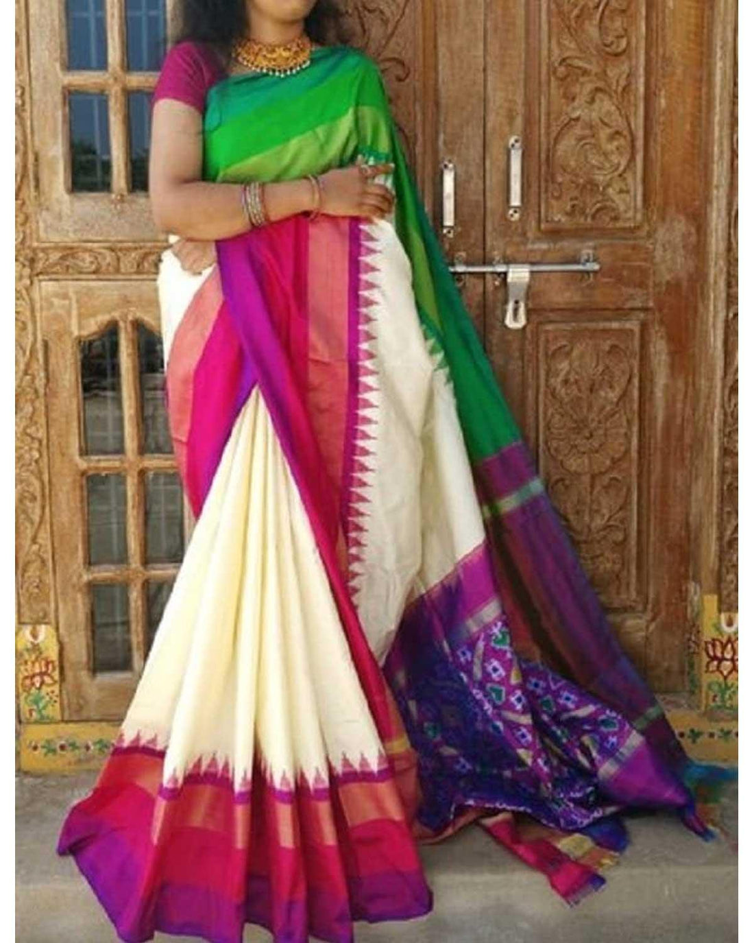 IKAT CREAM WITH GREEN AND PURPLE COLOR SILK SAREE - pochampallysarees.com