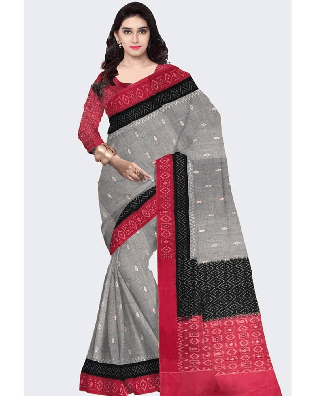 IKAT DESIGNER GRAY WITH RED COLOR SAREE - pochampallysarees.com